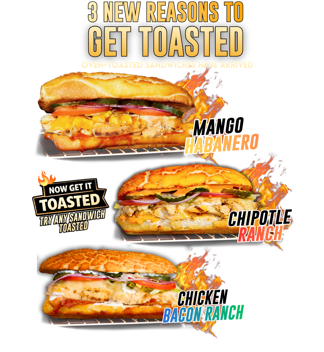 A bold promotional graphic with a flame background featuring a toasted sandwich on Dutch crunch bread labeled Mango Habanero. Large headline text reads “Melty Saucy Loaded.” The sandwich is filled with grilled chicken, melted cheese, sauce, pickles, onions, and tomato, emphasizing a hot, melty texture. Additional text highlights “3 New Flavors” including Chicken Bacon Ranch and Chipotle Ranch. The Mr. Pickle’s Sandwich Shop logo appears at the top.