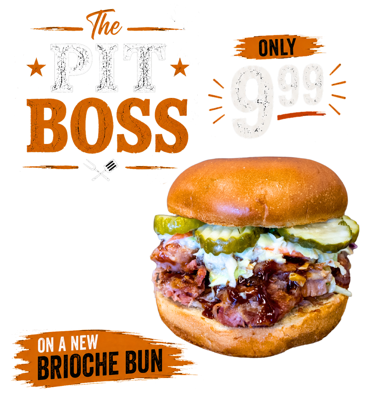 The Pit Boss only 9.99 On a new Brioche Bun. Pulled Pork, Coleslaw, BBQ Sauce, Grillo's Pickles 